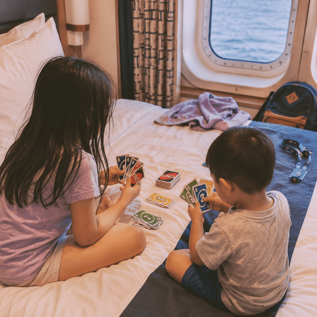 Kids playing UNO in a Disney cruise cabin on a sea day.