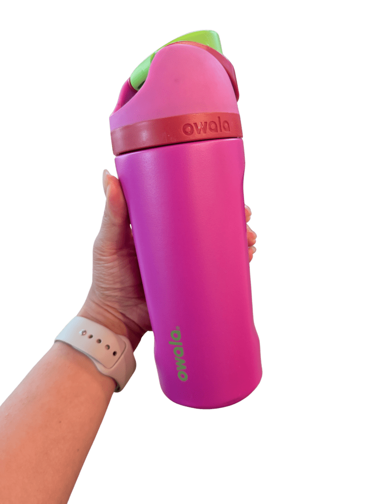 Reusable water bottles and snack containers packed for a Disney cruise sea day.