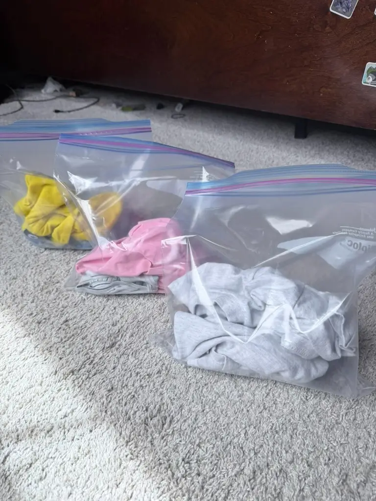 Three Ziploc bags packed with kids cruise outfits organized by day on a carpet, showing the daily outfit packing system for a Disney cruise.