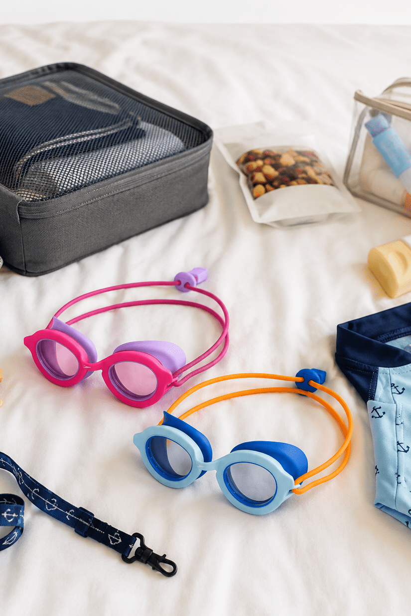 kids cruise pool essentials including reef-safe sunscreen and swim goggles.
